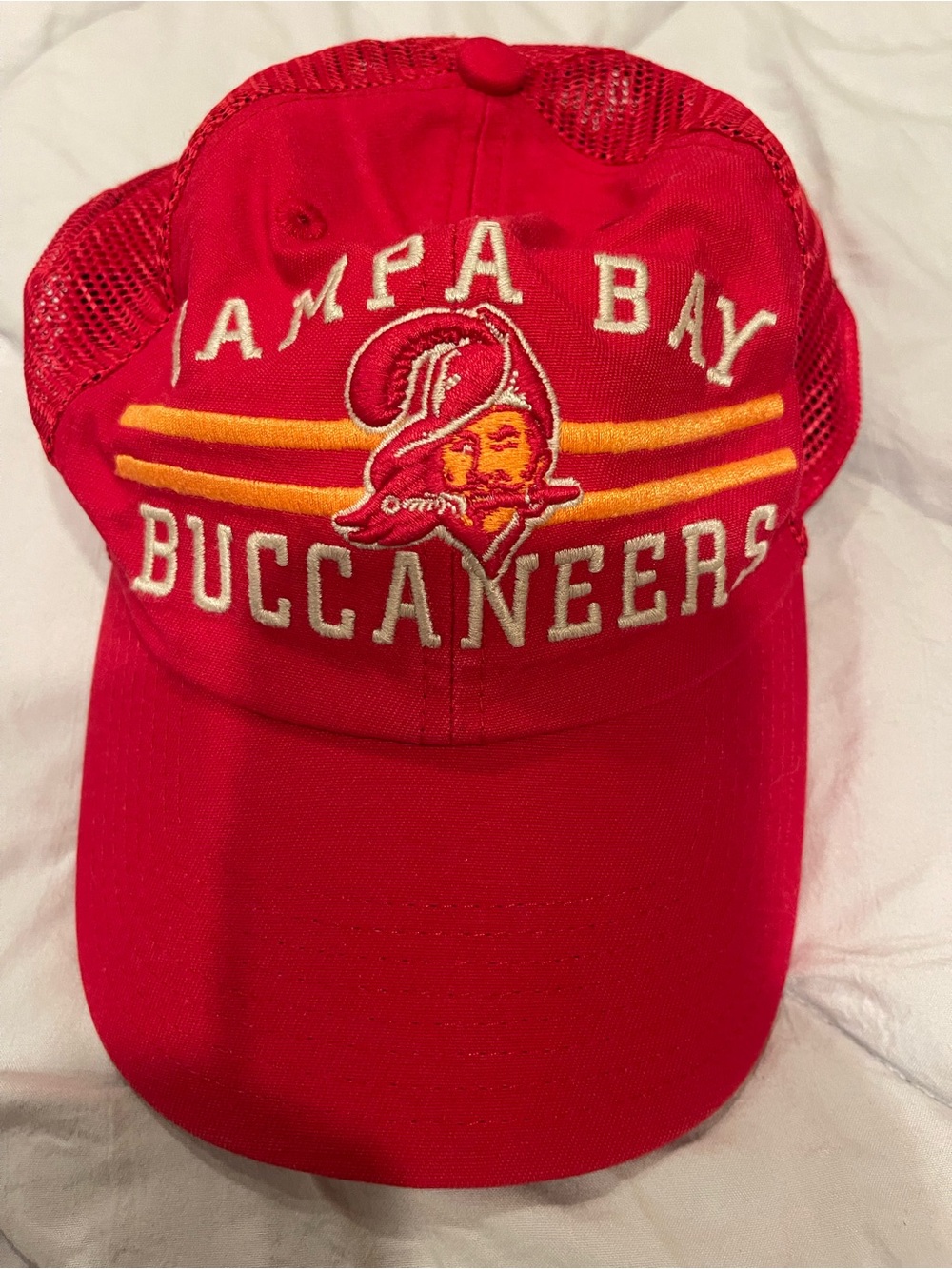 '47 Tampa Bay Buccaneers Red Trucker Hat with Yellow Stripe